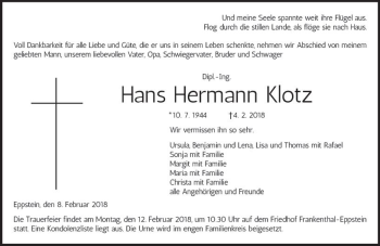 Traueranzeige von Hans Hermann Klotz von Trauerportal Rhein Main Presse