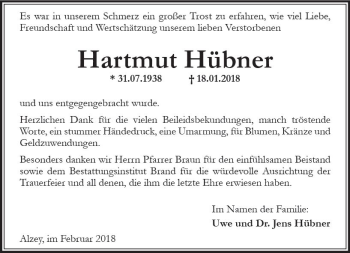 Traueranzeige von Hartmut Hübner von Trauerportal Rhein Main Presse