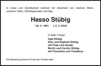 Traueranzeige von Hasso Stübig von Trauerportal Rhein Main Presse