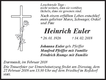 Traueranzeige von Heinrich Euler von Trauerportal Rhein Main Presse