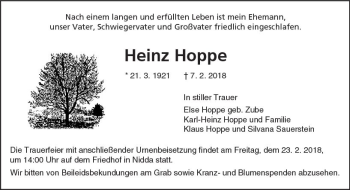 Traueranzeige von Heinz Hoppe von  Kreisanzeiger