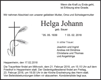 Traueranzeige von Helga Johann von Trauerportal Rhein Main Presse