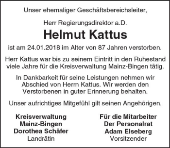 Traueranzeige von Helmut Kattus von Trauerportal Rhein Main Presse