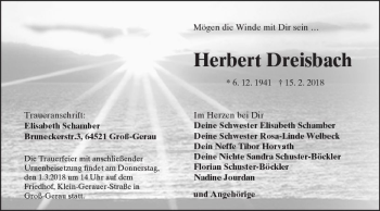 Traueranzeige von Herbert Dreisbach von Trauerportal Rhein Main Presse