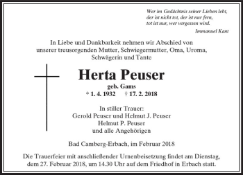Traueranzeige von Herta Peuser von  Camberger Anzeiger