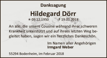 Traueranzeige von Hildegard Dörr von Trauerportal Rhein Main Presse