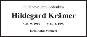 Traueranzeige von Hildegard Krämer von Trauerportal Rhein Main Presse
