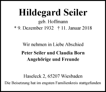 Traueranzeige von Hildegard Seiler von Trauerportal Rhein Main Presse
