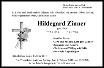 Traueranzeige von Hildegard Zinner von  Gießener Anzeiger