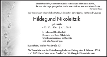Traueranzeige von Hildegund Nikoleitzik von Trauerportal Rhein Main Presse