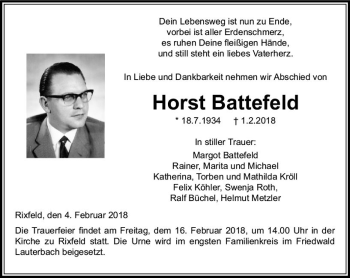 Traueranzeige von Horst Battefeld von VRM Trauer