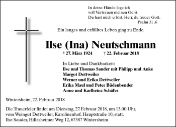 Traueranzeige von Ilse Neutschmann von Trauerportal Rhein Main Presse