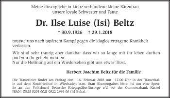 Traueranzeige von Ilse Luise Beltz von Trauerportal Rhein Main Presse