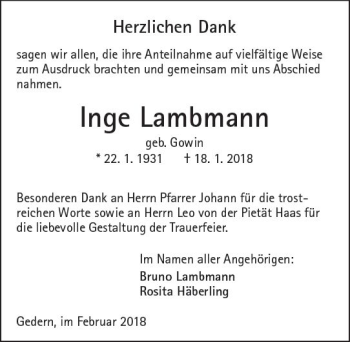 Traueranzeige von Inge Lambmann von  Kreisanzeiger