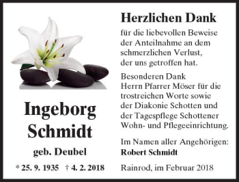 Traueranzeige von Ingeborg Schmidt von  Kreisanzeiger
