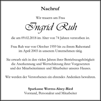 Traueranzeige von Ingrid Ruh von Trauerportal Rhein Main Presse