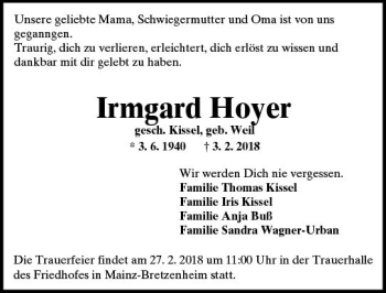 Traueranzeige von Irmgard Hoyer von Trauerportal Rhein Main Presse