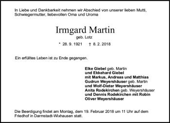 Traueranzeige von Irmgard Martin von Trauerportal Rhein Main Presse