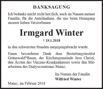 Traueranzeige von Irmgard Winter von Trauerportal Rhein Main Presse