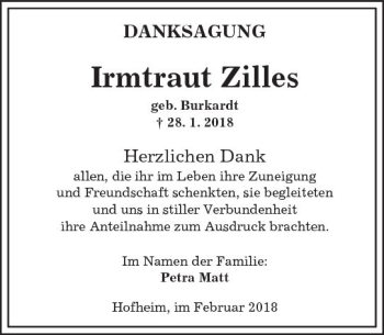 Traueranzeige von Irmtraut Zilles von Trauerportal Rhein Main Presse