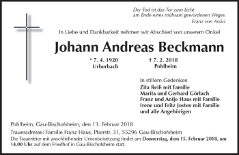 Traueranzeige von Johann Andreas Beckmann von Trauerportal Rhein Main Presse