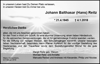 Traueranzeige von Johann Baithasar Reitz von Trauerportal Rhein Main Presse