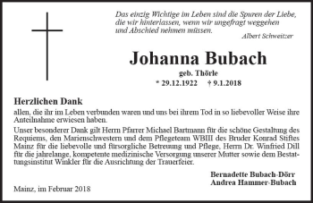 Traueranzeige von Johanna Bubach von Trauerportal Rhein Main Presse