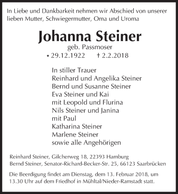 Traueranzeige von Johanna Steiner von Trauerportal Rhein Main Presse