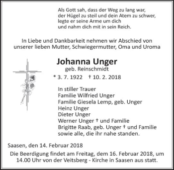 Traueranzeige von Johanna Unger von  Gießener Anzeiger