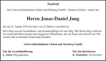 Traueranzeige von Jonas-Daniel Jung von  Gießener Anzeiger