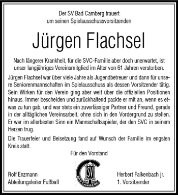 Traueranzeige von Jürgen Flachsel von  Camberger Anzeiger