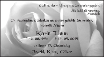 Traueranzeige von Karin Thum von Trauerportal Rhein Main Presse