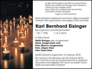 Traueranzeige von Karl Bernhard Eisinger von Trauerportal Rhein Main Presse