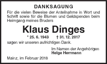 Traueranzeige von Klaus Dinges von Trauerportal Rhein Main Presse