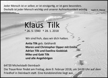 Traueranzeige von Klaus Tilk von Trauerportal Rhein Main Presse