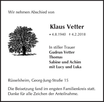 Traueranzeige von Klaus Vetter von Trauerportal Rhein Main Presse