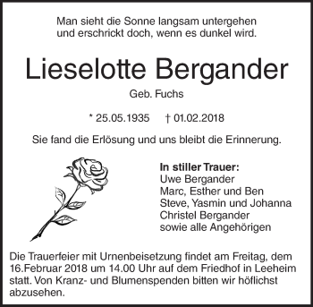 Traueranzeige von Lieselotte Bergander von Trauerportal Rhein Main Presse