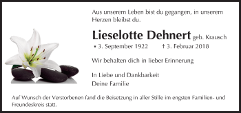Traueranzeige von Lieselotte Dehnert von Trauerportal Rhein Main Presse