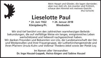 Traueranzeige von Lieselotte Paul von Trauerportal Rhein Main Presse