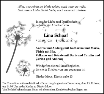 Traueranzeige von Lina Schaaf von VRM Trauer