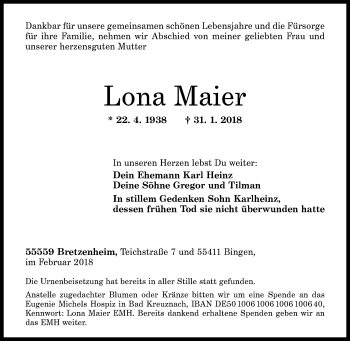Traueranzeige von Lona Maier von Trauerportal Rhein Main Presse