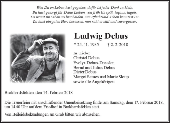 Traueranzeige von Ludwig Debus von  Gießener Anzeiger