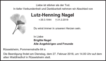 Traueranzeige von Lutz-Henning Nagel von Trauerportal Rhein Main Presse