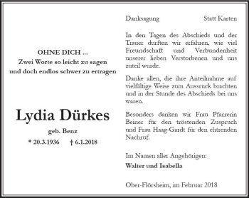 Traueranzeige von Lydia Dürkes von Trauerportal Rhein Main Presse