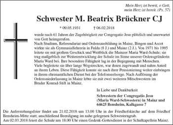 Traueranzeige von M. Beatrix Brückner von Trauerportal Rhein Main Presse