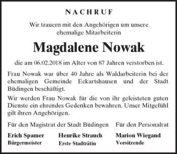 Traueranzeige von Magdalene  Nowak von  Kreisanzeiger