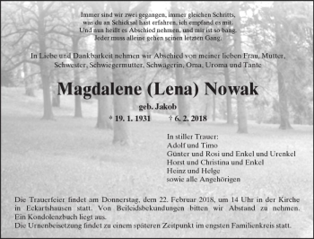 Traueranzeige von Magdalene  Nowak von  Kreisanzeiger