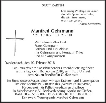 Traueranzeige von Manfred Gehrmann von  Gießener Anzeiger