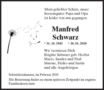 Traueranzeige von Manfred Schwarz von  Camberger Anzeiger
