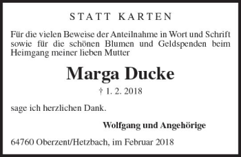 Traueranzeige von Marga Ducke von Trauerportal Rhein Main Presse